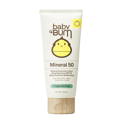 Baby Bum SPF 50 Sunscreen Lotion - Mineral UVA/UVB Face and Body Protection for Sensitive Skin - Hawaii 104 Act Compliant (Made without Octinoxate & Oxybenzone) - Travel Size - 3 oz Sun Bum
