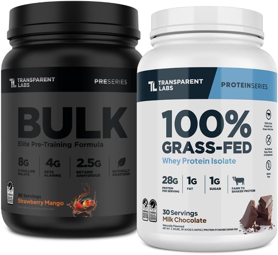 Transparent Labs Bulk Black Pre-Workout (30 Servings, Strawberry Mango) & Grass-Fed Whey Protein Isolate (30 Servings, Milk Chocolate)