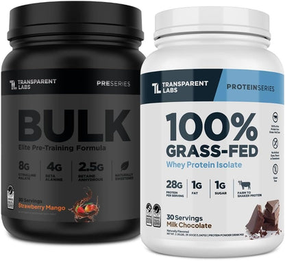 Transparent Labs Bulk Black Pre-Workout (30 Servings, Strawberry Mango) & Grass-Fed Whey Protein Isolate (30 Servings, Milk Chocolate)