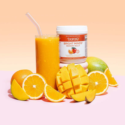 BRAINMD Dr Amen BRIGHT MINDS Memory Multi, Orange Mango Flavor - 5.4 oz Powder - Multivitamin & Memory Support - Gluten Free, Sugar Free - 30 Servings