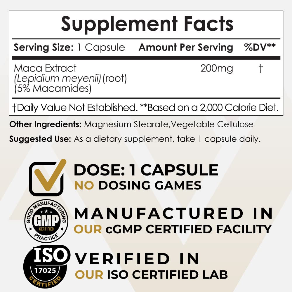 Nootropics Depot Maca Root Extract Capsules | 5% Macamides | Maca Supplement | Lepidium meyenii | Energy, Mood & Vitality Support | Maca Root Capsules for Women and Men | 60ct