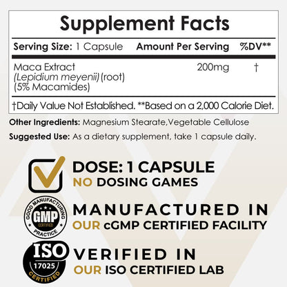 Nootropics Depot Maca Root Extract Capsules | 5% Macamides | Maca Supplement | Lepidium meyenii | Energy, Mood & Vitality Support | Maca Root Capsules for Women and Men | 60ct