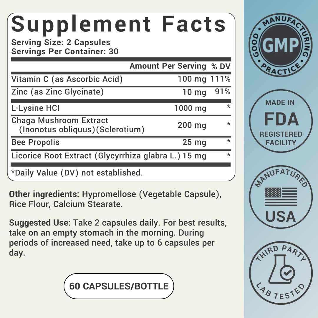 L-Lysine Cold Sore Treatment For Lips With Immune Support - L Lysine 1000mg Capsules, Chaga, Bee Propolis, Vitamin C, Zinc & Licorice Root Extract - Non-GMO, Vegetarian, Ideal Wellness buy australia supplements