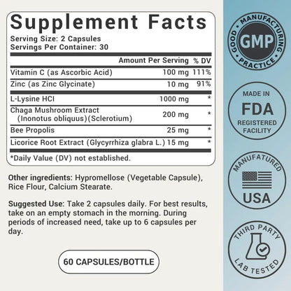 L-Lysine Cold Sore Treatment For Lips With Immune Support - L Lysine 1000mg Capsules, Chaga, Bee Propolis, Vitamin C, Zinc & Licorice Root Extract - Non-GMO, Vegetarian, Ideal Wellness
