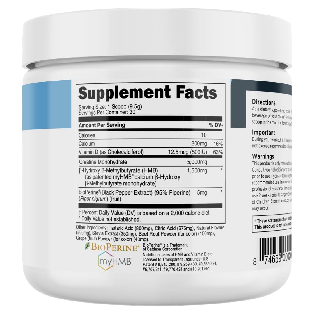 Transparent Labs Creatine HMB - Creatine Monohydrate Powder with HMB for Muscle Growth, Increased Strength, Enhanced Energy Output, and Improved Athletic Performance - 30 Servings, Unflavored