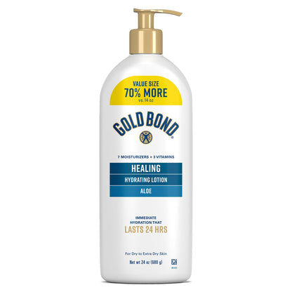 Gold Bond Healing Hydrating Body Lotion with Aloe, Moisturizer for Dry to Extra Dry Skin, 24-HR Hydration to Soothe & Comfort, Non-Greasy, Dermatologist-Tested, Light Scent, 24 Oz Family Size Pump Gold Bond
