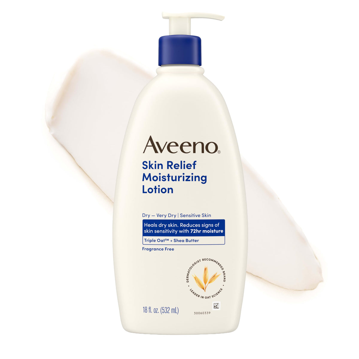 Aveeno Skin Relief Moisturizing Body Lotion Heals Very Dry, Sensitive Skin, Fast Absorbing Lotion with Soothing Triple Oat & Shea Butter Formula, Fragrance Free Lotion, Non-Comedogenic, 18 Fl Oz Aveeno