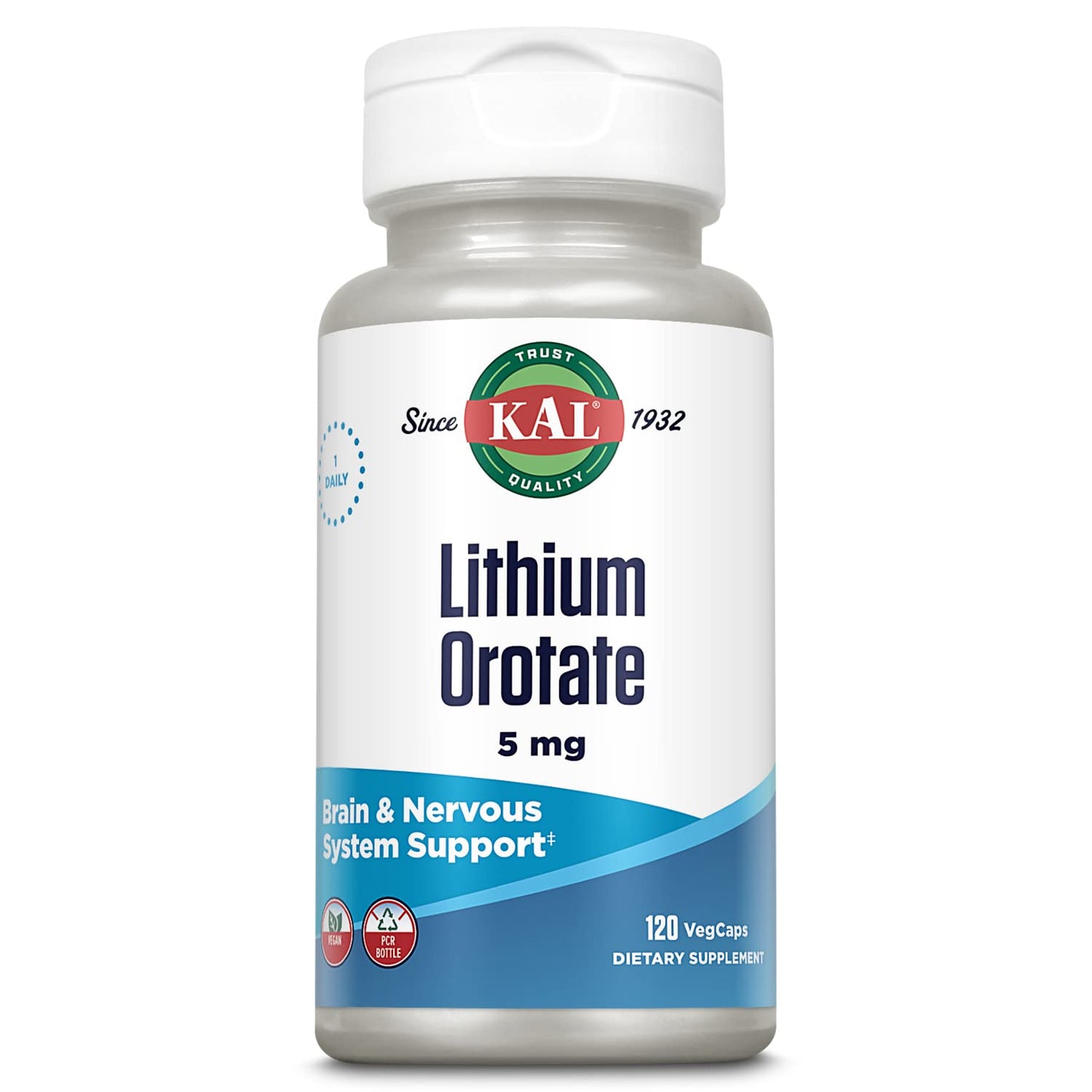 KAL Lithium Orotate 5 milligrams | Low Serving Of Chelated Lithium Orotate For Bioavailability and Mood Support | In Organic Rice Bran Extract Base | 120 VegCaps KAL