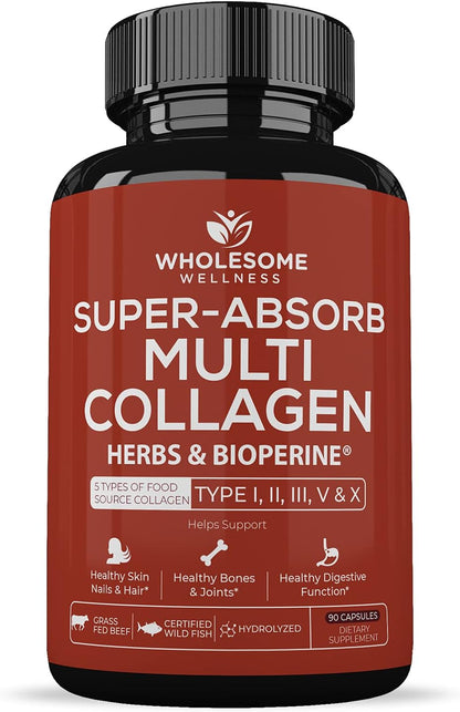 Wholesome Wellness Digestive Enzymes 1000MG Plus Prebiotics & Probiotics Supplement + Super-Absorb Multi Collagen Pills (Type I II III V X) Organic Herbs and Bioperine Bundle Gsupps Australia