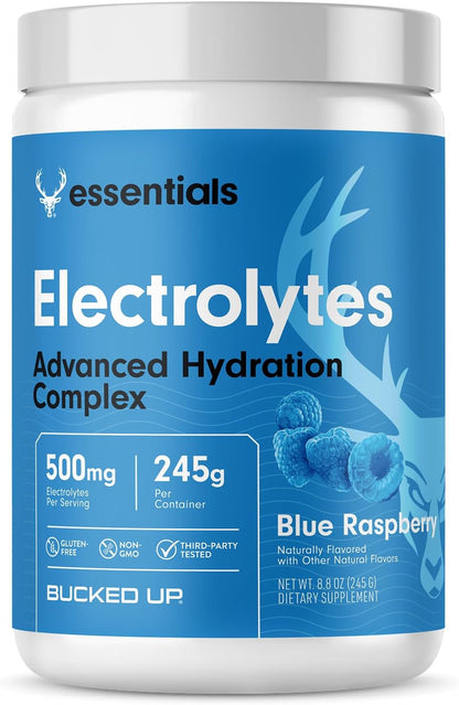 Bucked Up Essentials Electrolytes Blue Raspberry | Advanced Hydration Complex with 500 mg Electrolytes Per Serving | Gluten Free Non GMO Third Party Tested Drink Mix | 230g (50 Servings)