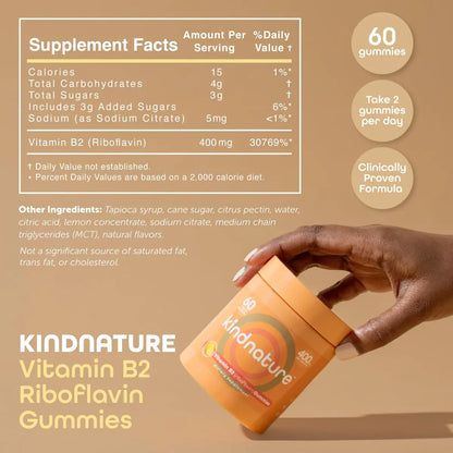 kindnature Vitamin B2 Gummies - Riboflavin 400mg Supplement for Kids & Adults - Non-GMO, Soy & Gluten-Free, Vegan Chewable Gummies (30 Day Supply) (2) kindnature