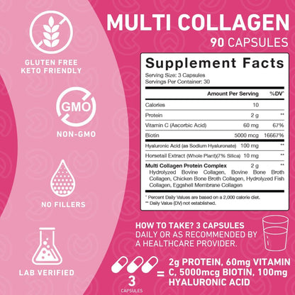 PUREFINITY Collagen Peptides for Women – Type I, II, III, V & X with Biotin & Hyaluronic Acid, Supports Healthy Skin, Bones, Hair & Nails – Non-GMO, Grass-Fed (90 Capsules, 1 Month Supply)