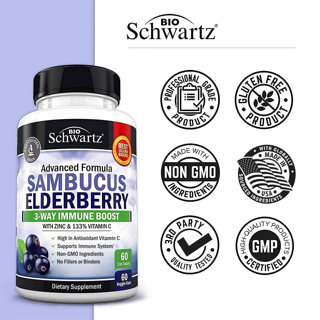 Elderberry Capsules with Zinc and Vitamin C for Adults - Immune Support Vitamins for Women and Men - Black Sambucus Elderberry Vitamin C and Zinc BioSchwartz