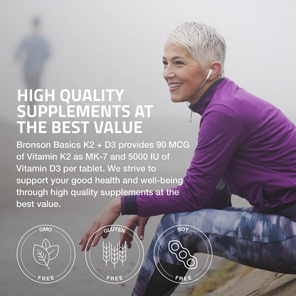 Bronson Vitamin K2 D3 (MK7) Supplement Non-GMO Formula Vitamin D3 5000IU (125 mcg) & 90 mcg K2 MK-7, Easy to Swallow D Bronson