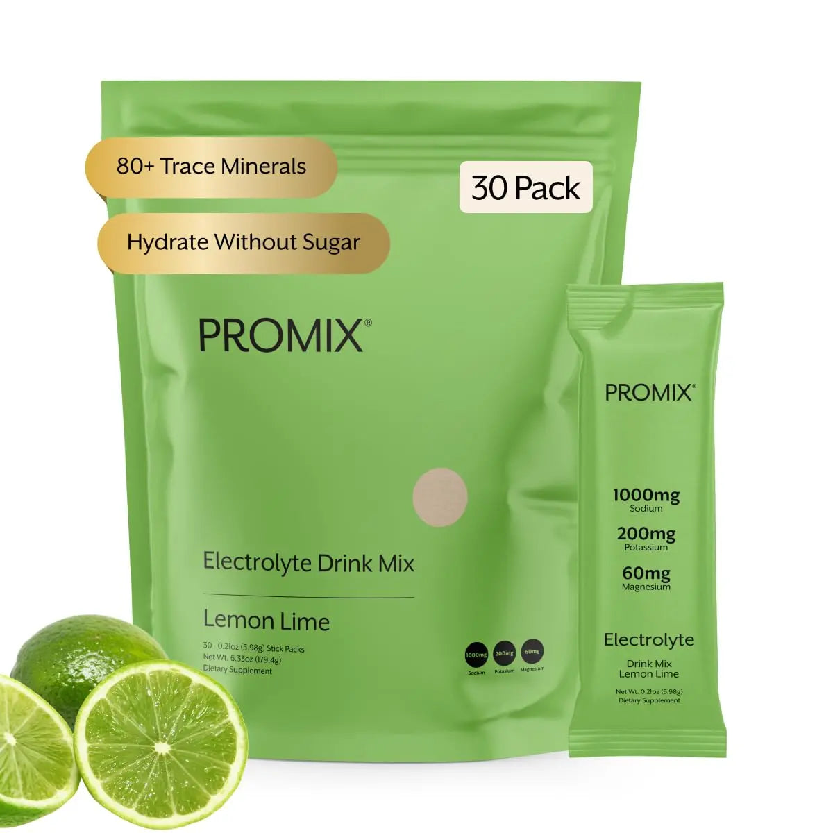 ProMix Nutrition Electrolytes Powder Hydration Packets - Himalayan Pink Salt, Magnesium, Potassium, Vitamin C - Lemon Lime, Lightly Sweetened ProMix Nutrition