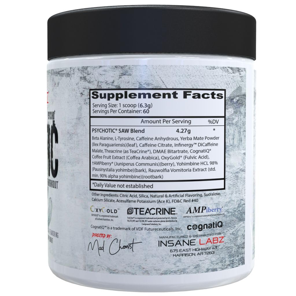 Insane Labz Psychotic Saw, High Stim Pre Workout Powder with OxyGold™ and AMPiberry®,Extreme Lasting Energy with Teacrine®,Focus with CognitIQ® and Endurance (30 Servings, Watermelon)