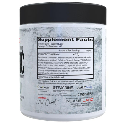 Insane Labz Psychotic Saw, High Stim Pre Workout Powder with OxyGold™ and AMPiberry®,Extreme Lasting Energy with Teacrine®,Focus with CognitIQ® and Endurance (30 Servings, Watermelon)