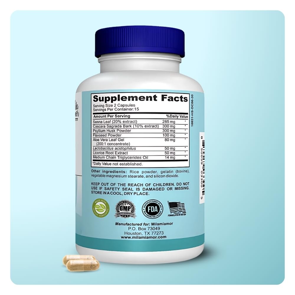 Mila Miamor 15 Day Cleanse - Gut and Colon Support - Advanced Gut Cleanse Detox for Women & Men with Senna, Cascara Sagrada & Psyllium Husk - Non-GMO - Made in USA - 30 Capsules Mila Miamor