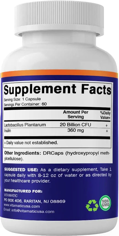 Vitamatic Lactobacillus Plantarum - 20 Billion per DR Capsule - 60 Count - Digestive Support - Made with Prebiotic Inulin Fiber Vitamatic