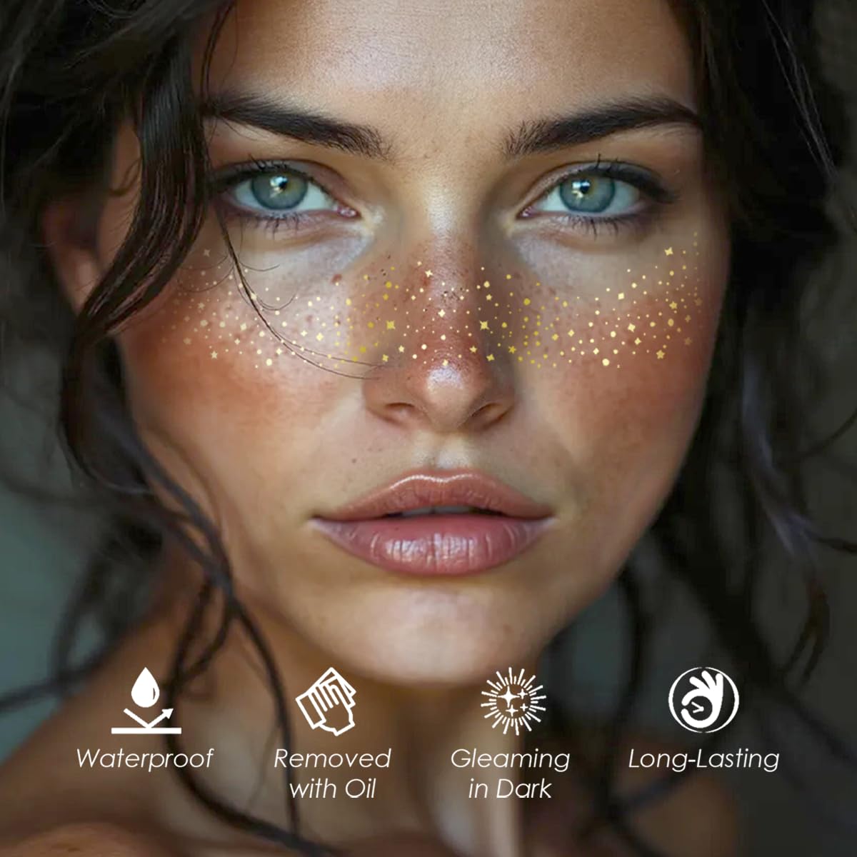 Glitter Freckles, 24PCS Glitter Freckles Face Tattoo, Sparkle Freckles for Women, Waterproof Gold Temporary Face Tattoos Glitter Glow Up Patches Makeup Patches Mardi Gras Festival (Gold) Cardiyar