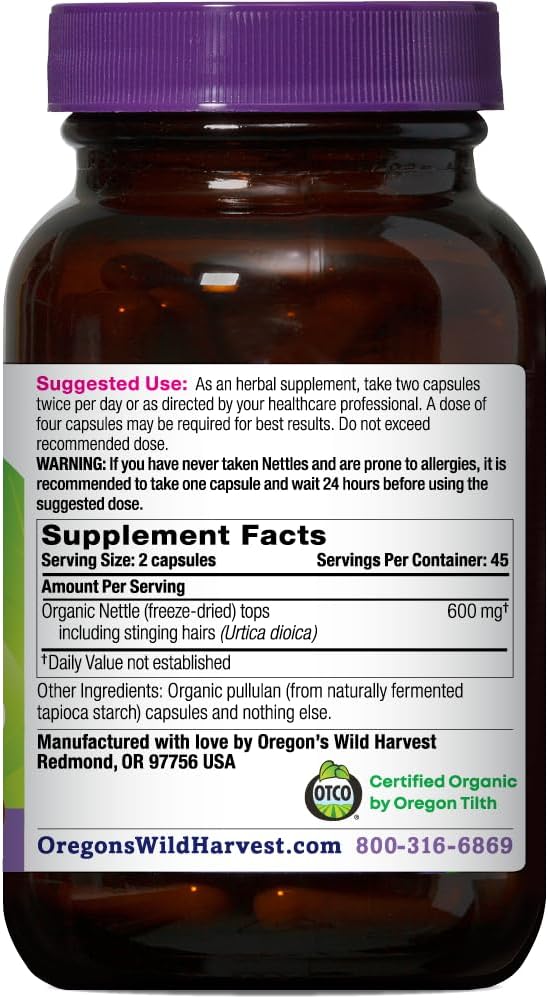 Oregon's Wild Harvest Certified Organic Nettle Capsules with Stinging Hairs, Allergy Supplement, 600 mg, 90 Capsules, Color value Gsupps Australia