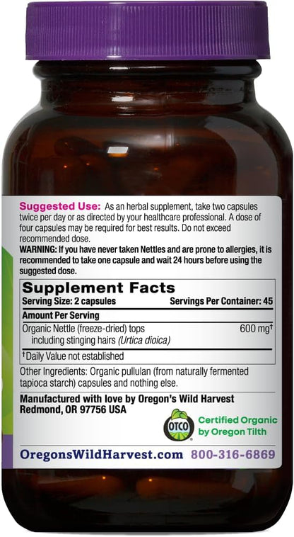 Oregon's Wild Harvest Certified Organic Nettle Capsules with Stinging Hairs, Allergy Supplement, 600 mg, 90 Capsules, Color value Gsupps Australia