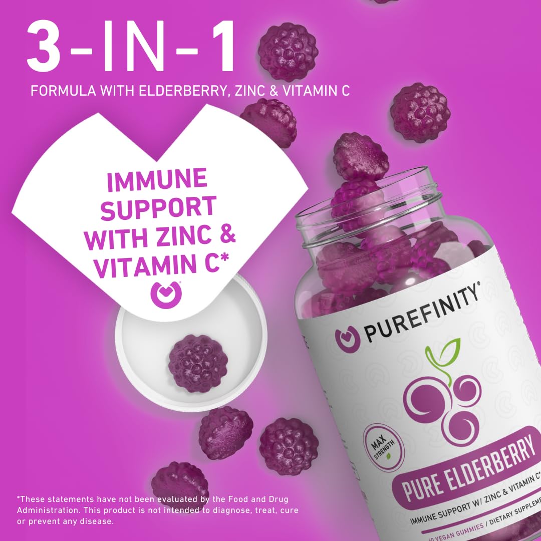 PUREFINITY Elderberry Gummies with Sambucus, Vitamin C, and Zinc – Your Perfect Daily 3-in-1 Supplement for Kids & Adults – Gluten Free, Non-GMO, Vegan, 60 Count