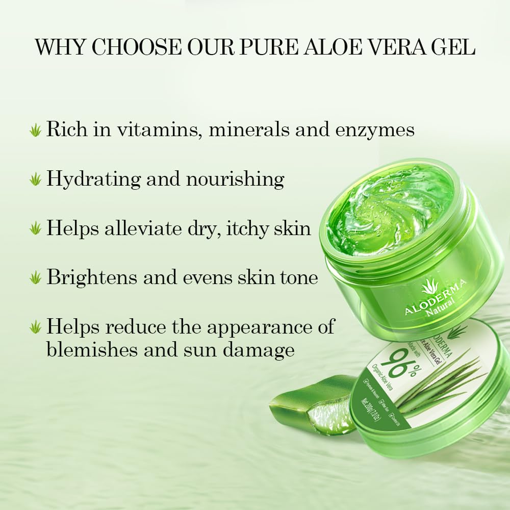 Aloderma Aloe Vera Gel Made within 12 Hours of Harvest with 96% Pure Organic Aloe Vera for Skin, Scalp, & Hair, Soothing Aloe Face Moisturizer, Multipurpose, Hydrating Aloe Gel, 7.05oz Aloderma