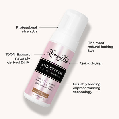 Loving Tan 2 HR Express Self Tanning Mousse, Dark - Streak Free, Natural, Professional Quality - 5+ Sunless Self Tanner Applications per Bottle, Cruelty Free, Naturally Derived DHA - 4 FL Oz Loving Tan