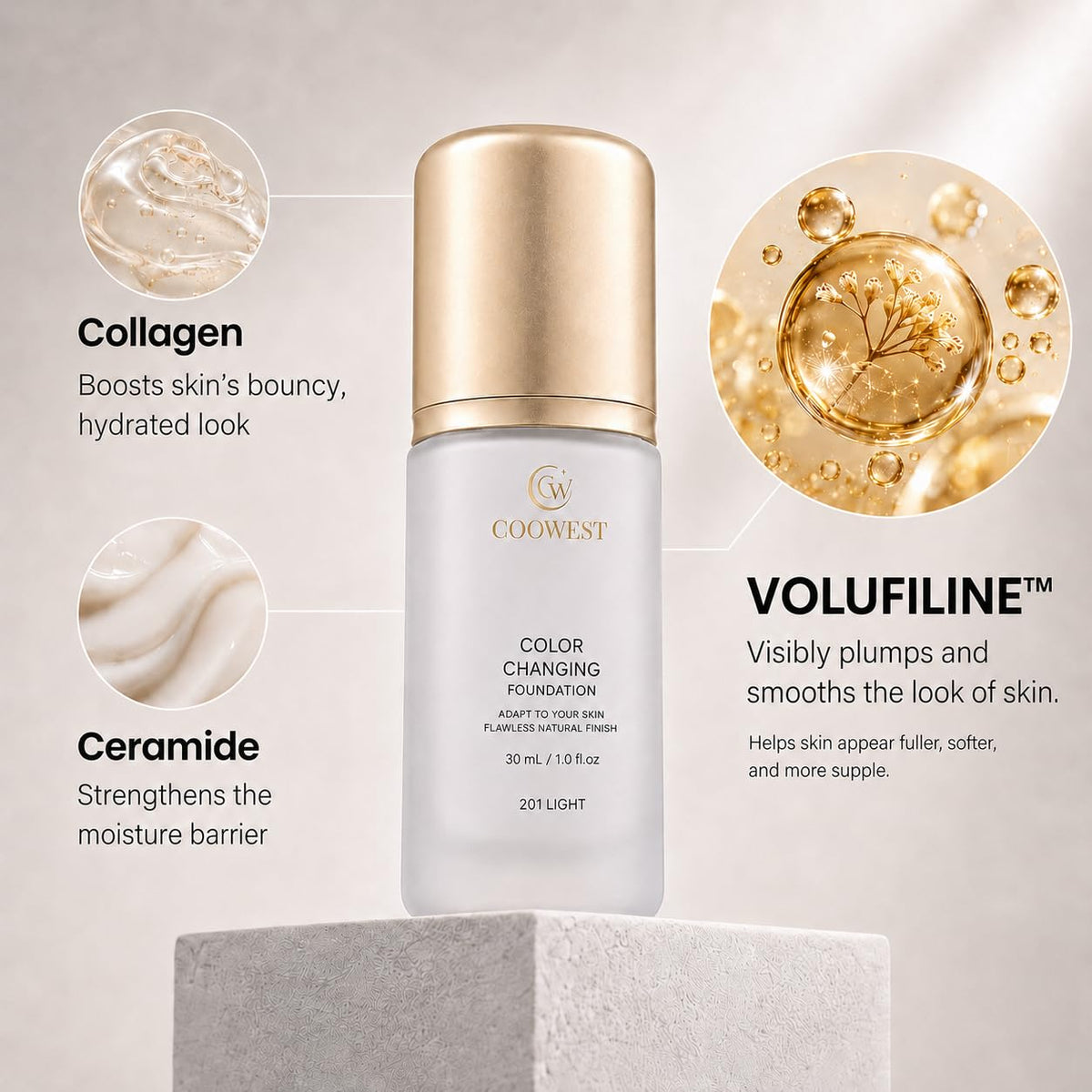 COOWEST Color Changing Foundation for Mature Skin, 4-in-1 Light to Medium Shade-Adapting Skin Tint, Lightweight Hydrating Coverage Liquid Foundation Makeup, Smooth & Blur Finish, 30ml (Medium) Coowest
