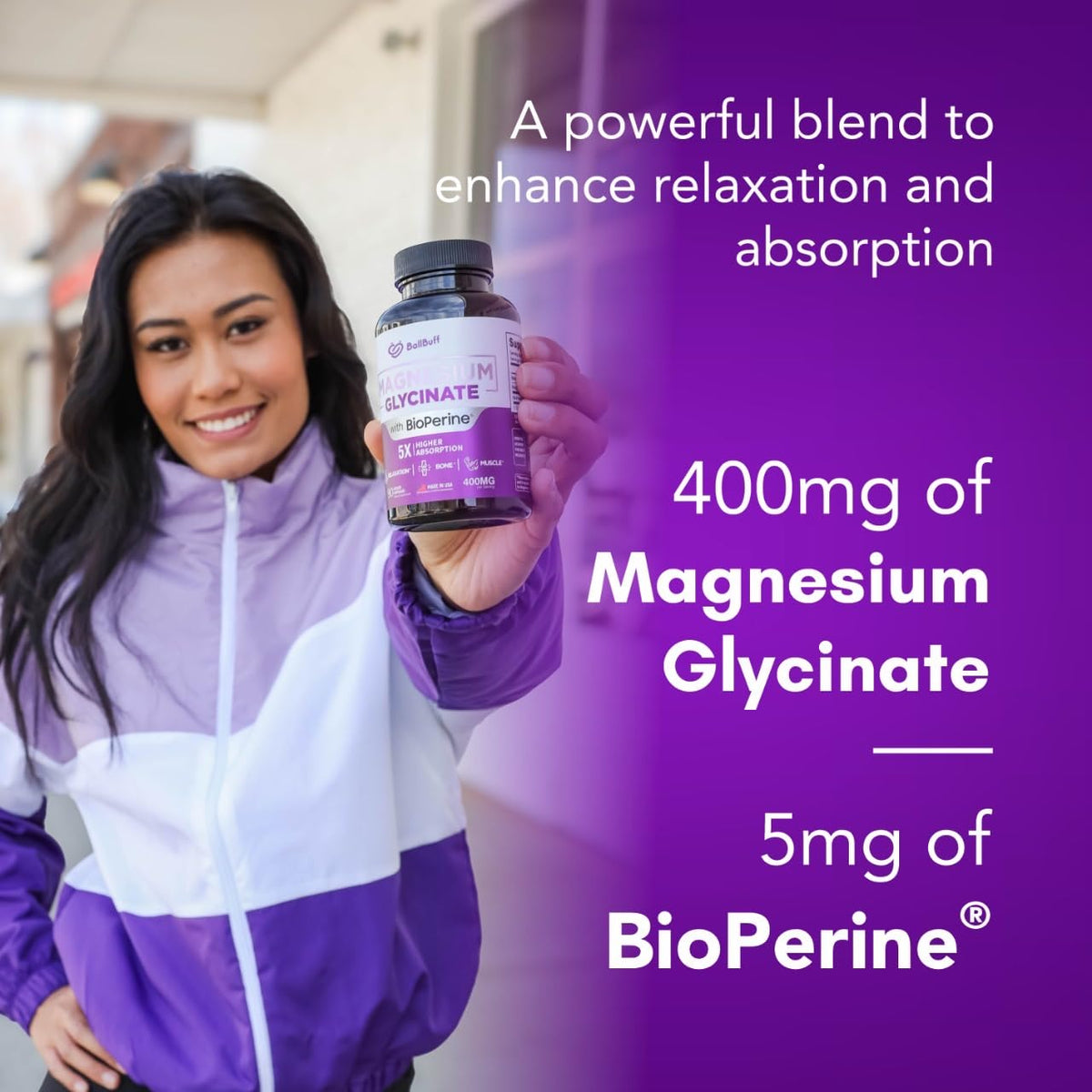 Pure Magnesium Glycinate 400mg - 5X Higher Absorption - Support Stress Relief, Sleep, Bone Health - 100% Chelated - Pure Magnesium Supplement BallBuff