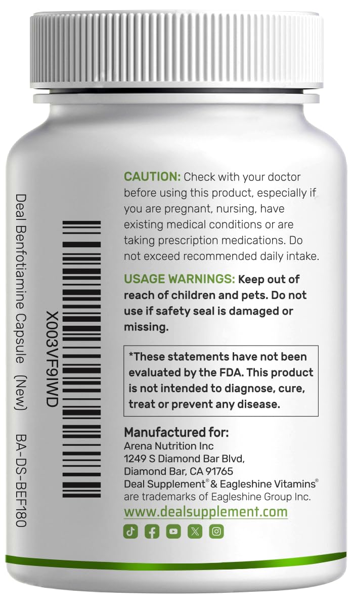 Benfotiamine 600mg Per Serving, 180 Veggie Capsules (300mg Per Cap) – Fat Soluble Vitamin B1 Thiamine Supplement DEAL SUPPLEMENT