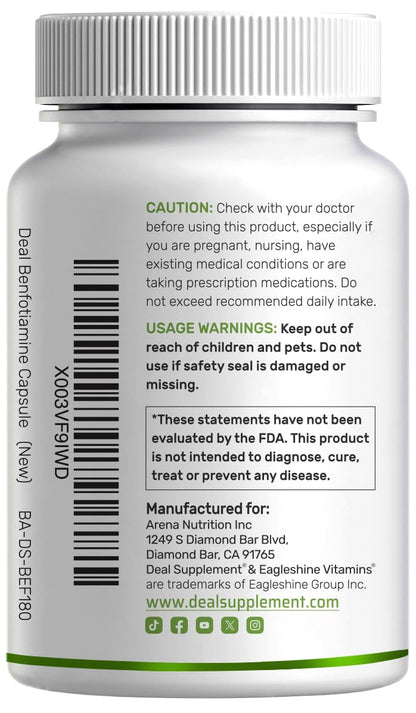 Benfotiamine 600mg Per Serving, 180 Veggie Capsules (300mg Per Cap) – Fat Soluble Vitamin B1 Thiamine Supplement DEAL SUPPLEMENT