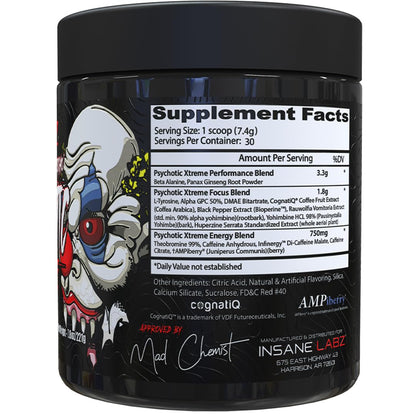 Insane Labz Psychotic Xtreme, High Stimulant Pre Workout Powder, Extreme Lasting Energy, Focus and Endurance with Beta Alanine, Panax Ginseng, Theobromine, DMAE (30 Servings, Fruit Punch)