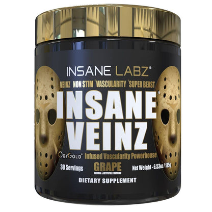 Insane Labz Insane Veinz Gold, Nitric Oxide Non Stimulant pre Workout Powder, Loaded with Hydromax, Nitrosigine, Increases Vascularity and Blood Flow, 30 Srvgs, Grape