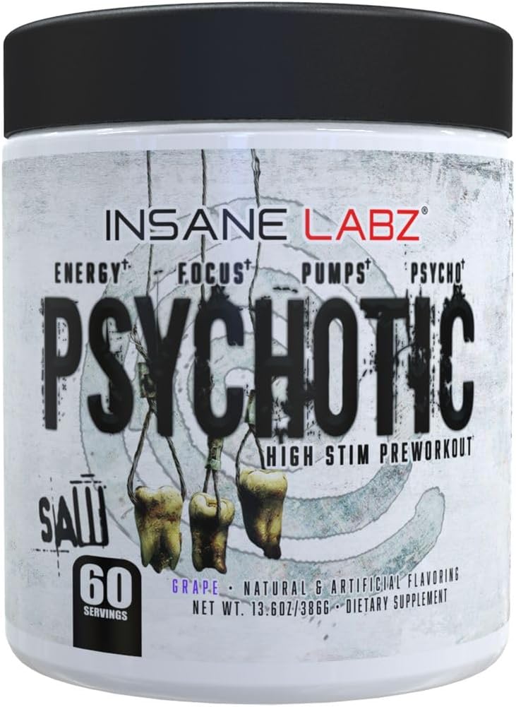 Insane Labz Psychotic Saw, High Stim Pre Workout Powder with OxyGold™ and AMPiberry®,Extreme Lasting Energy with Teacrine®,Focus with CognitIQ® and Endurance (60 Servings, Grape)