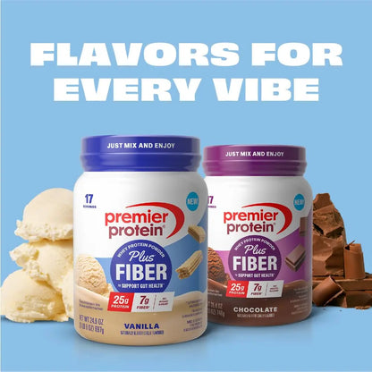 Premier Protein Powder Plus Fiber, Vanilla, 25g Protein, 7g Fiber to Support Gut Health, No Added Sugar (17 Servings) Premier Protein