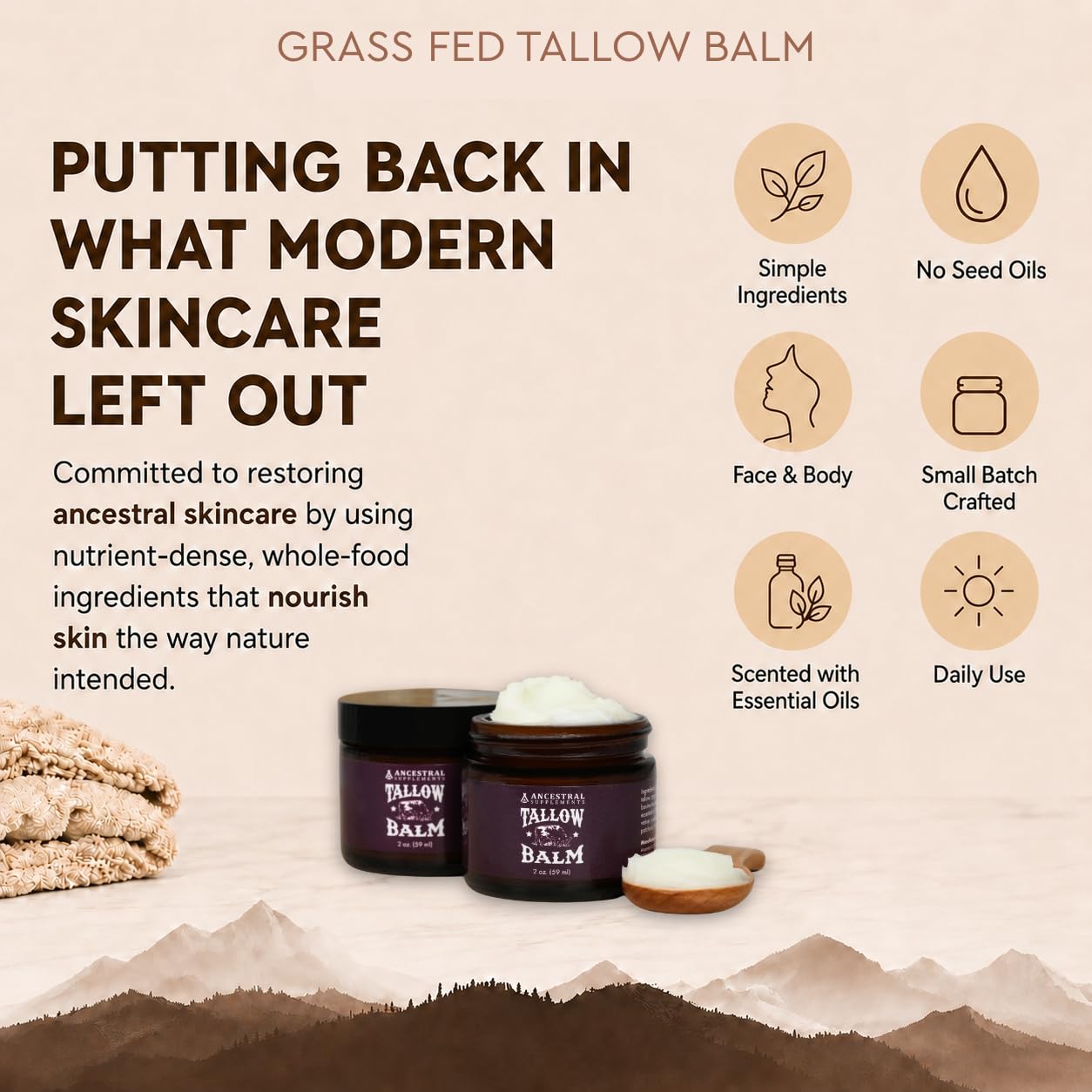 Ancestral Supplements Tallow Balm with Collagen – Grass Fed Beef Tallow Balm for Face & Body – Whipped Tallow Moisturizer Rich in Vitamins A, D, E & K – Essential Oil Blend Scent – 2 oz