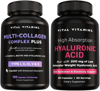 Vital Vitamins Multi-Collagen Plus 150 ct + Hyaluronic Acid Capsules 60 ct Gsupps Australia