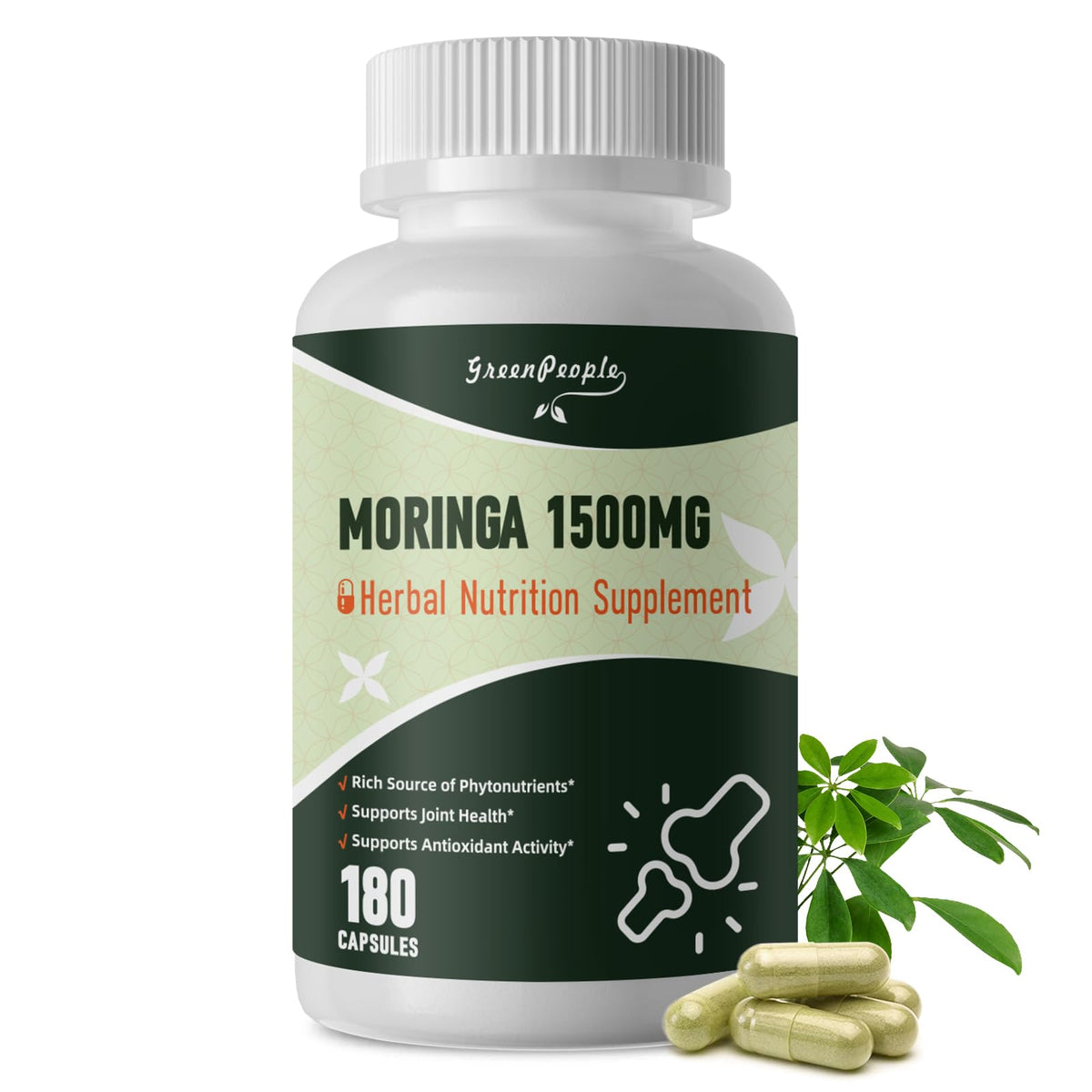 GREENPEOPLE Whole-Leaf Moringa Capsules 1500mg - High Potency 10:1 Moringa Oleifera Leaf Extract - Natural Green Superfood for Energy & Immune Support GREENPEOPLE