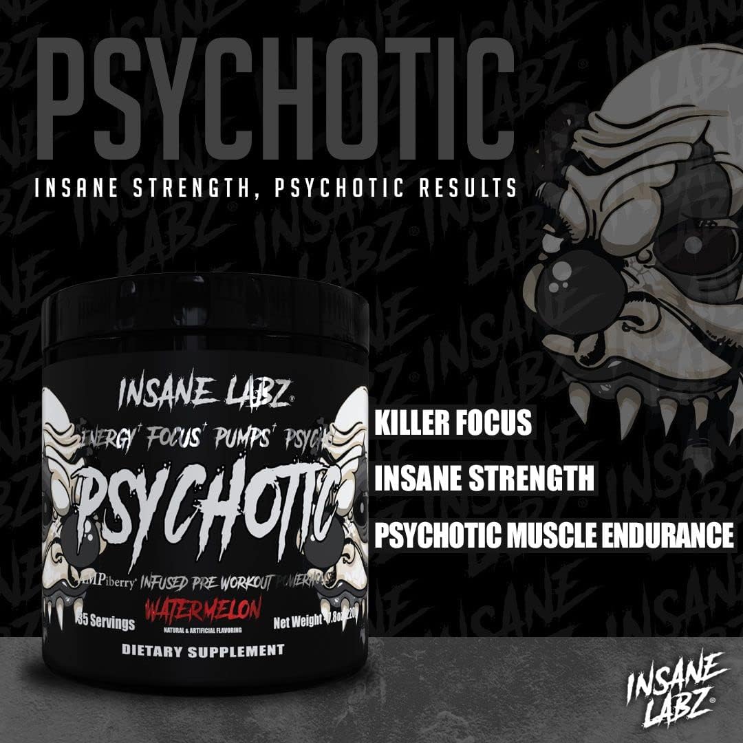 Insane Labz Psychotic Black Edition Mid Stimulant Pre Workout Powder, Energy Focus Pumps, Loaded with Creatine Beta Alanine Taurine Fueled by AMPiberry, 35 Servings (Blue Raspberry)