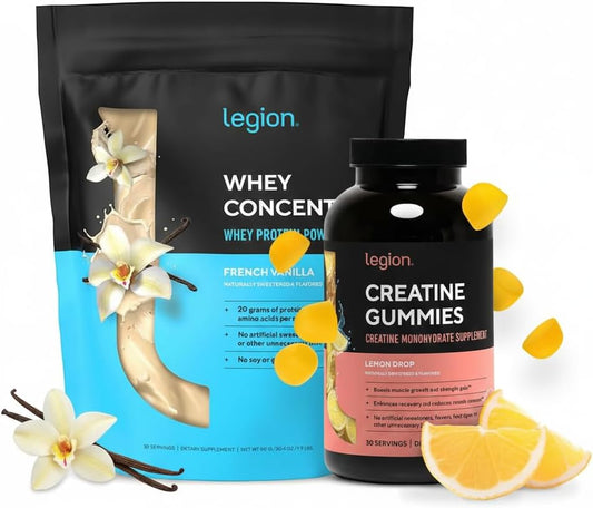 LEGION Performance Support Stack – Creatine Monohydrate Gummies (Lemon Drop, 30 Servings) + Whey Protein Powder (Vanilla, 30 Servings)