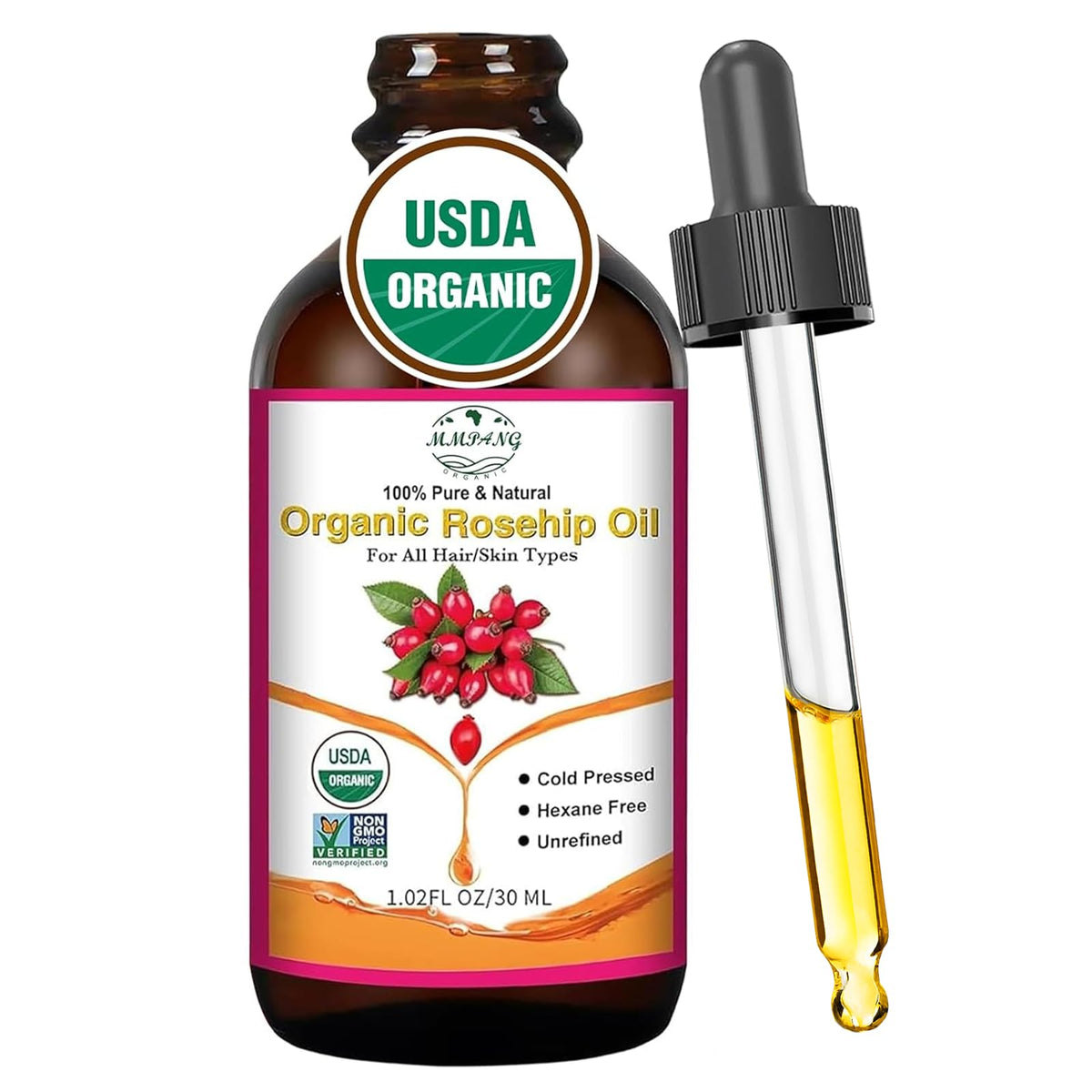 MMPANG Organic Rosehip Seed Oil for Face, USDA Certified, Cold Pressed MMPANG