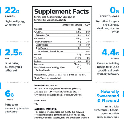 LEGION Egg+ Protein Powder with BCAAs - Naturally Sweetened and Flavored Egg White Protein Powder - Fast Digesting Protein for Muscle Growth and Strength, Chocolate, 20 Servings