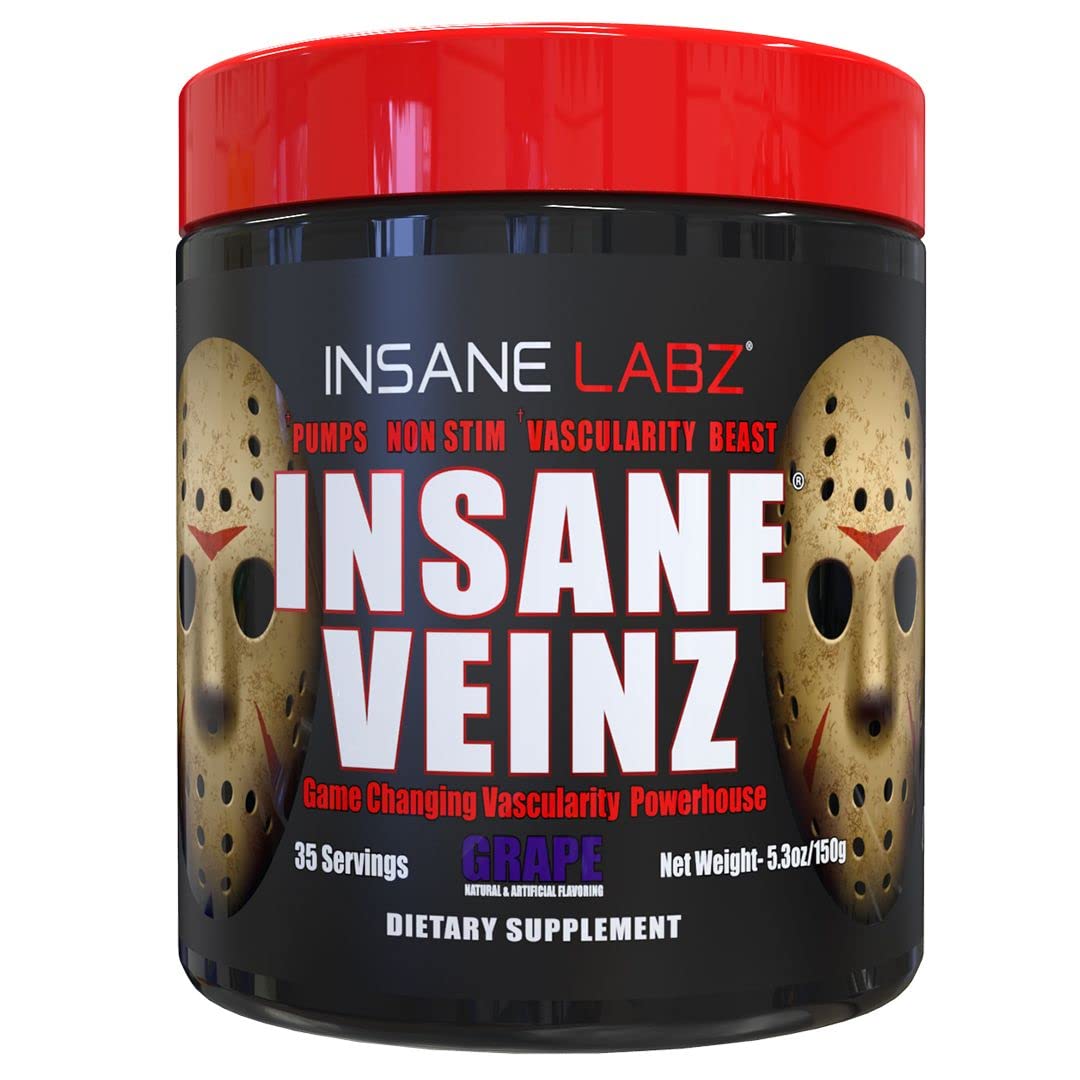 Insane Labz Insane Veinz Non Stimulant NO Enhancing Powder, Nitric Oxide Booster, Loaded with Agmatine Sulfate and Betaine Anhydrous, Increase Vascularity, 35 Srvgs, Fruit Punch
