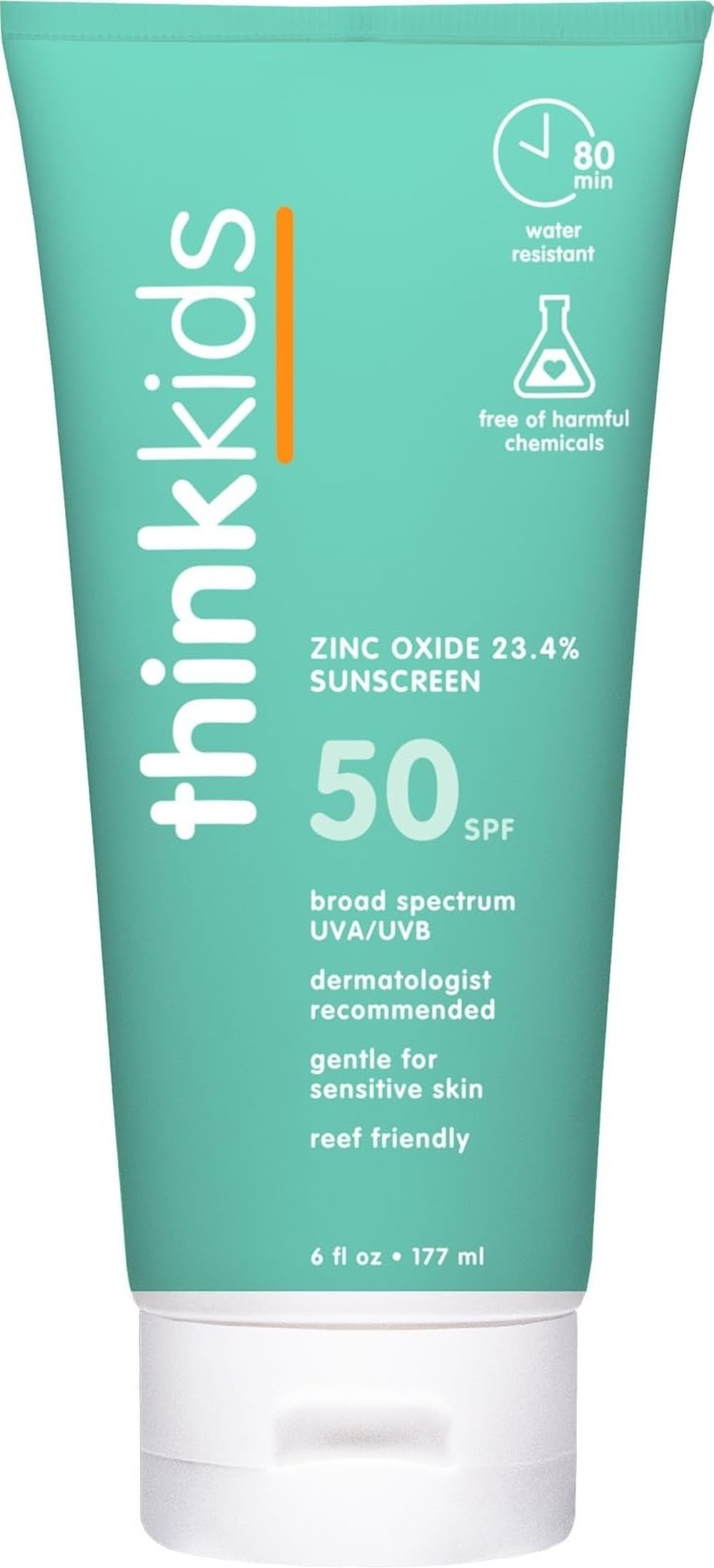 Thinkkids Kids Sunscreen SPF 50+, Mineral Formula, Water Resistant, 6 Fl Oz THINK
