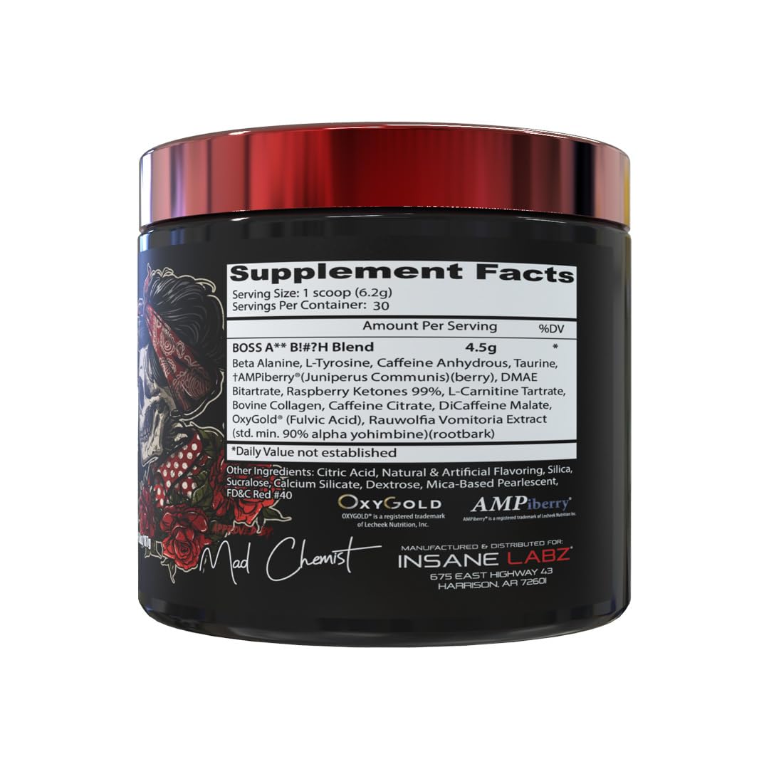 Insane Labz Boss A** B!#?h Preworkout Made by Women for Women with Collagen, Raspberry Ketones, Beta-Alanine, Caffeine for Insane Energy and Maximum Performance (30 Servings, Pink Lemonade)