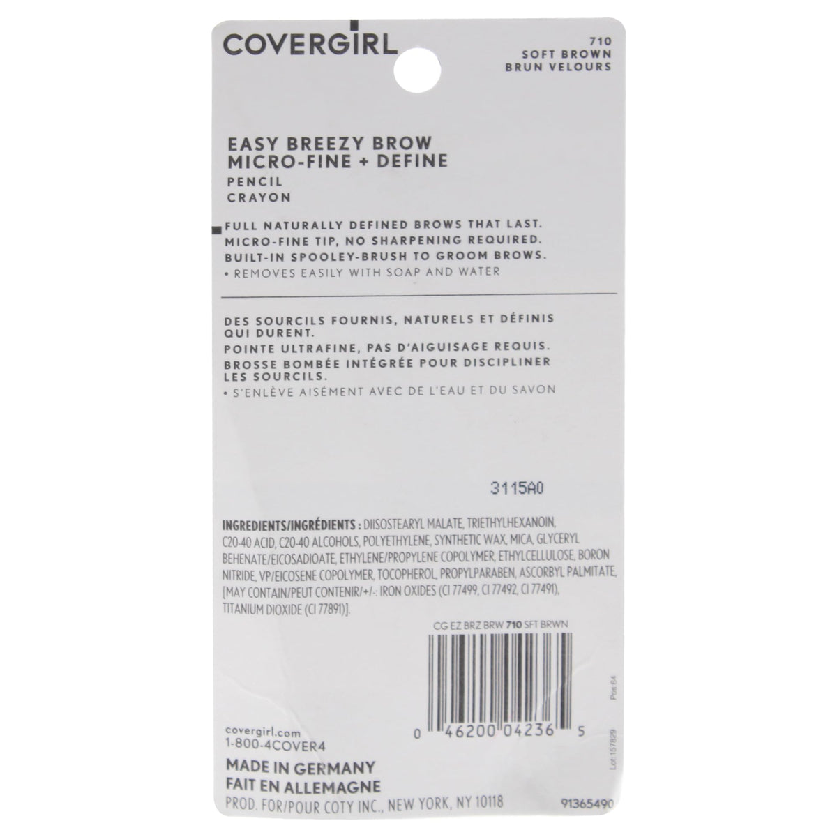 COVERGIRL Easy Breezy Brow Micro-Fine and Define Pencil, Soft Brown, 0.03 Pound , Brown Eyebrow Pencil, No Sharpening Needed, Built in Spoolie, Safe for Sensitive Eyes, Removes Easily COVERGIRL