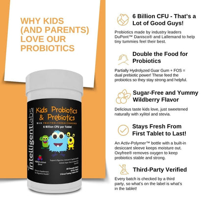 Intelligent Labs Kids/Children Probiotics 6 Billion CFU with Prebiotics, PHGG & FOS, Once-Daily Chewable, Great Taste, 10x Effectiveness Intelligent Labs