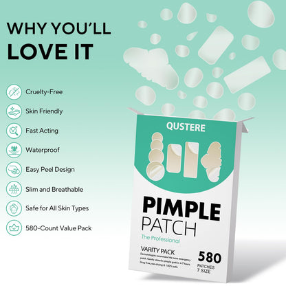 QUSTERE 580 Count Pimple Patches for Face, Large Hydrocolloid Acne Patches Stickers Bandages, Blemishes Zit Breakouts for Cheeks, Forehead, Chin, Nose for Full Face & Body | 7 Sizes | 4 Shapes QUSTERE